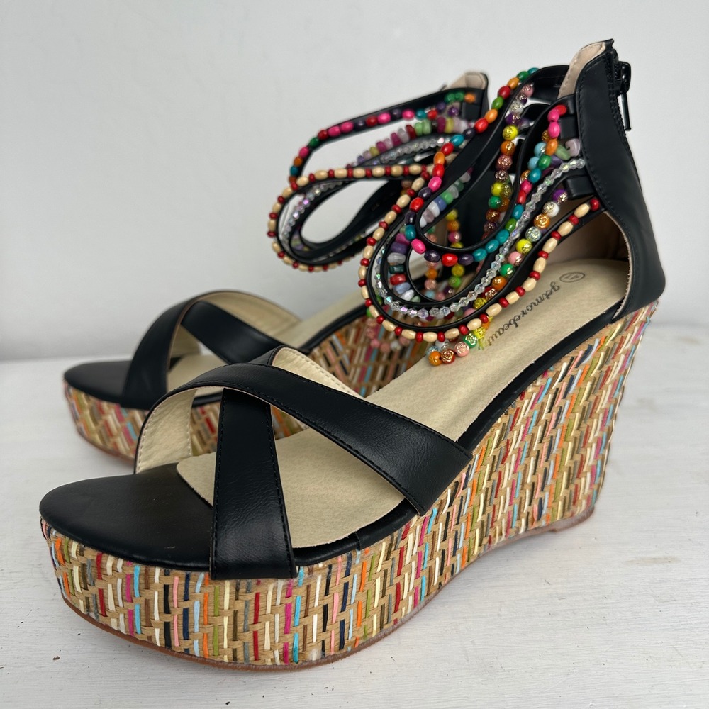 Getmorebeauty Wedge Sandals Womens 10 Beaded Ankle Strap Black Multi Woven Boho